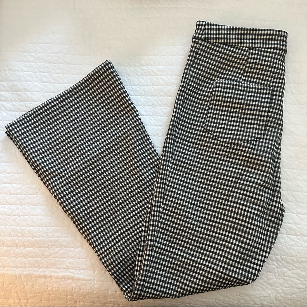 Sandy Liang Front Zip Flare Pants, Black and White Check, Size 10 - Picture 11 of 13